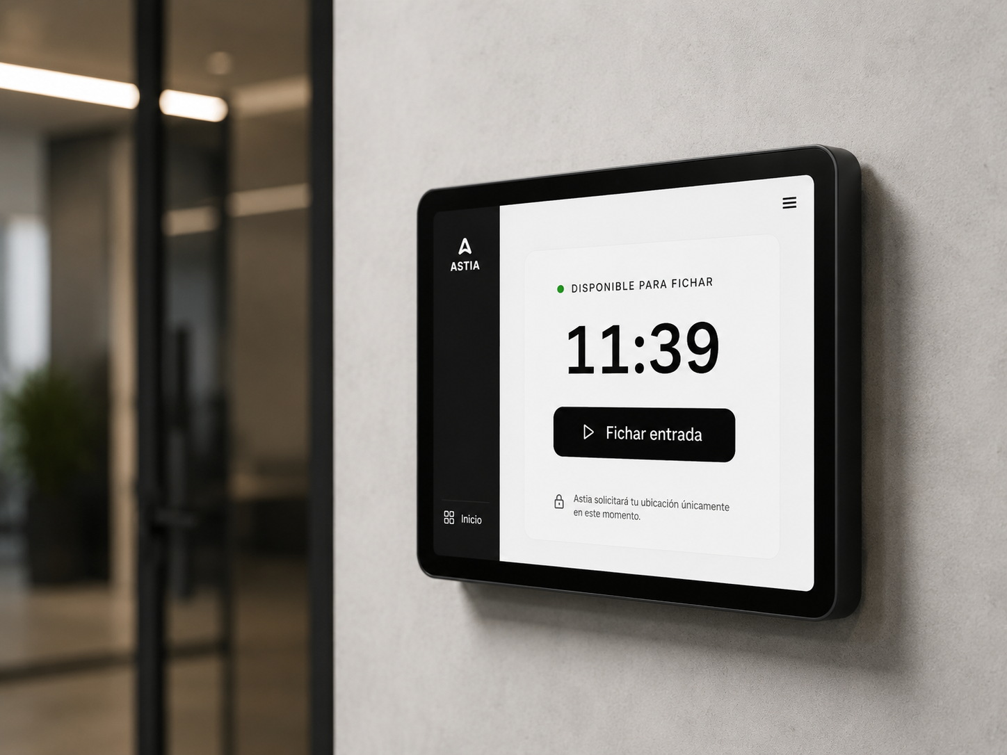 Tablet en pared con Astia Control Horario listo para fichar