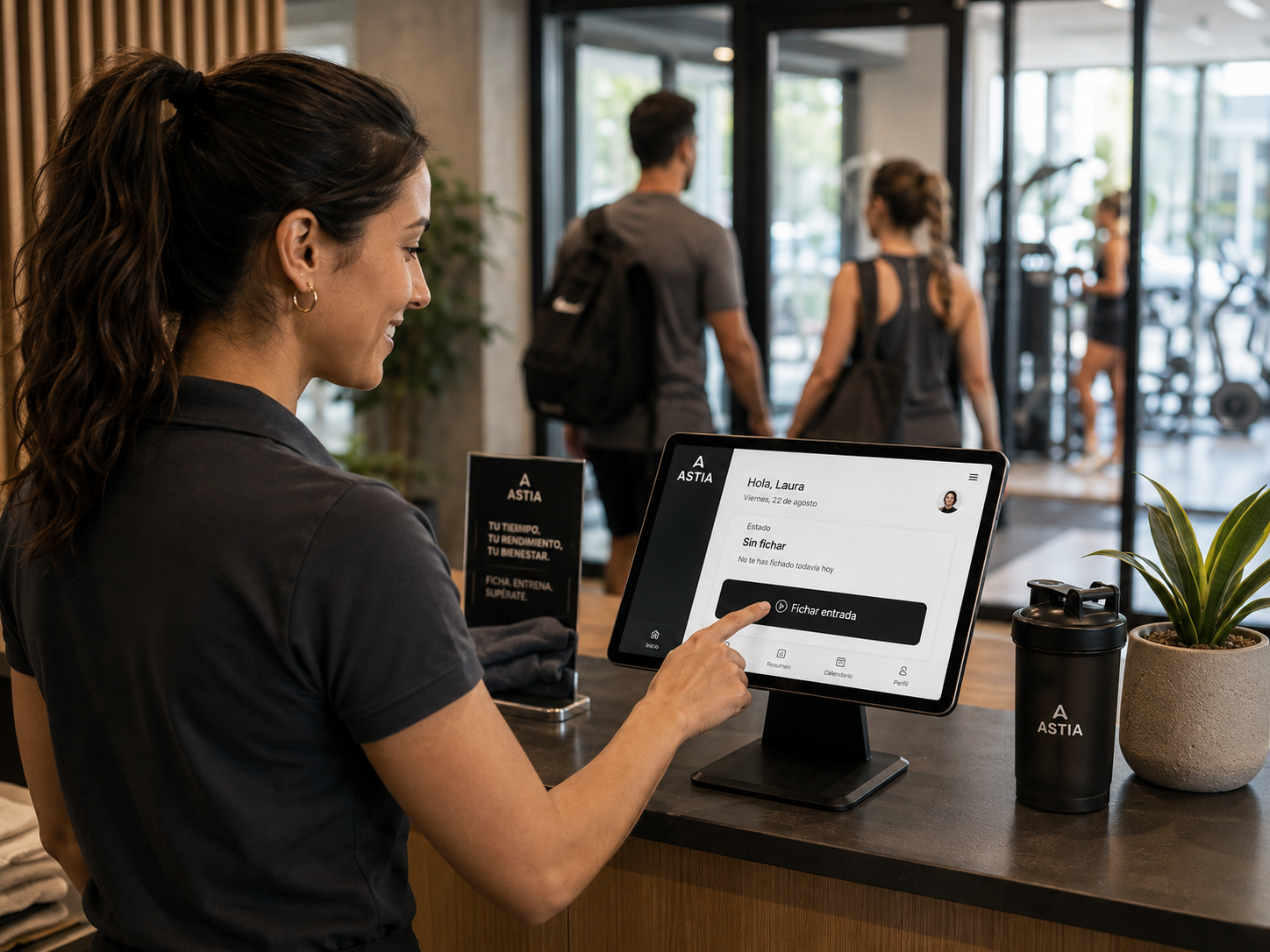 Trabajadora fichando en una tablet con Astia en la recepción de un gimnasio
