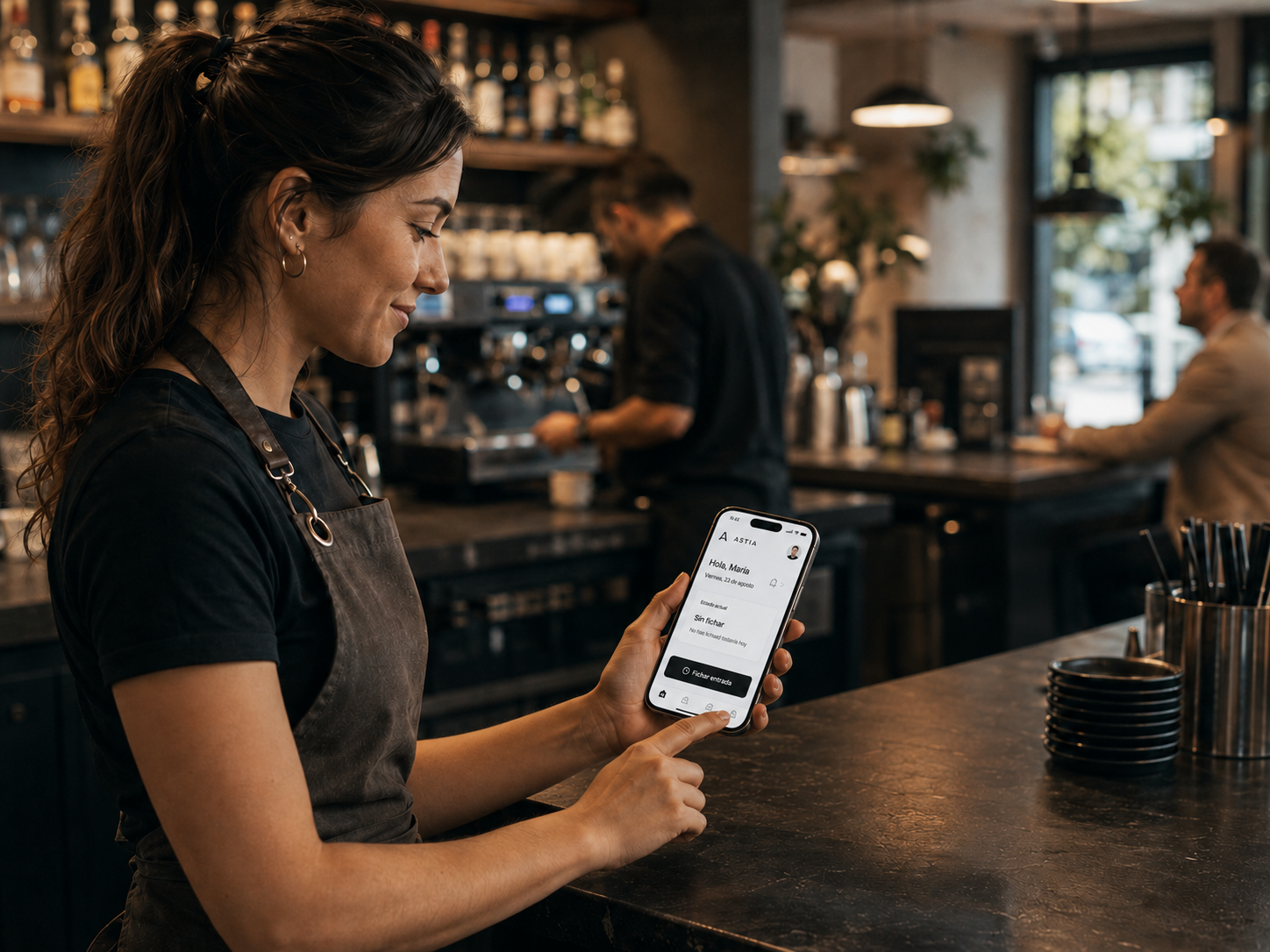 Trabajador de hostelería fichando desde el móvil en la barra