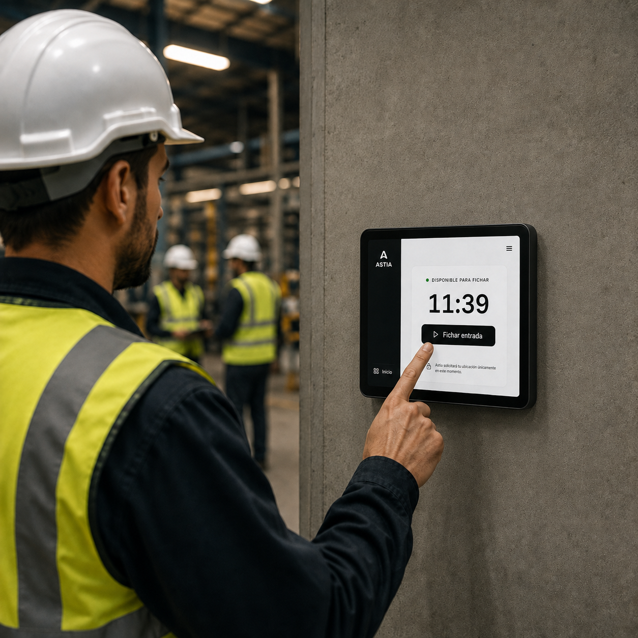 Operario fichando en una tablet de pared con Astia en una nave industrial